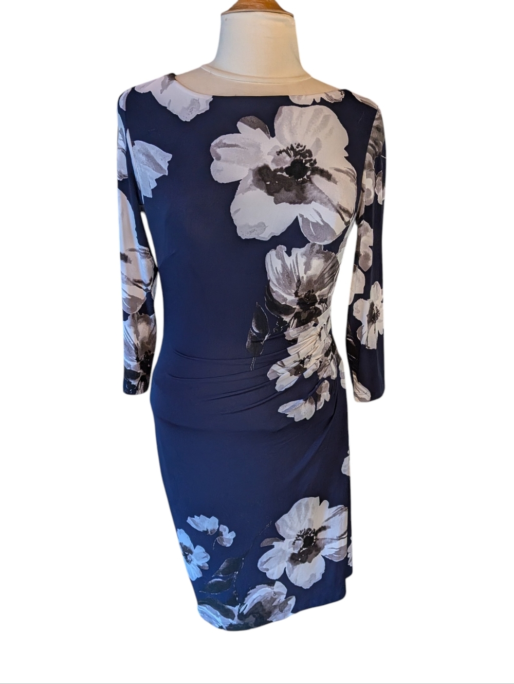 Lauren Ralph Lauren Dark Blue Floral Dress Ruched Waist Long Sleeve Size 6